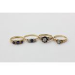 A sapphire and diamond three-stone ring, a sapphire and diamond cluster ring, an illusion set