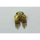A Victorian gold tassel brooch set with seed pearls and turquoise beads, 14.8g gross
