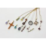 Six 9ct gold and gem set pendants on chains, and seven various gem set pendants