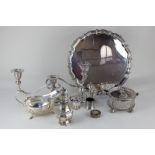 A collection of silver plated tableware to include a salver with piecrust border, sugar caster,