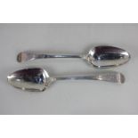 A pair of George III Old English pattern silver tablespoons with engraved decoration and initials,