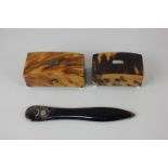 Two 19th century blond tortoiseshell boxes, one with bone plaque marked Ann Naylor 1847, together
