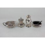 A Victorian silver three-piece cruet set of pepper pot, salt and mustard pot and spoon,