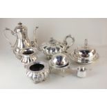 A Mappin & Webb silver plated muffin dish, a James Dixon & Sons coffee pot, a revolving butter dish,