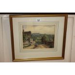Mid 19th century English school, figure on a donkey, buildings and wooded fields beyond,