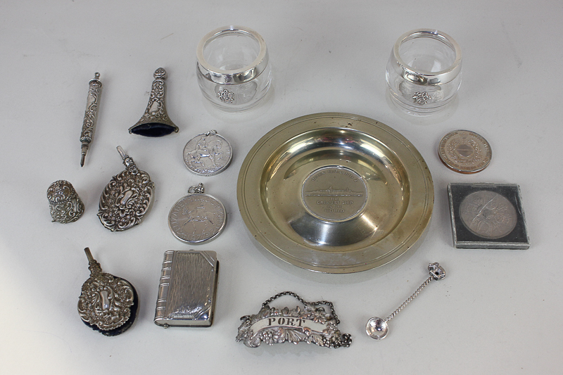 A pair of silver plate mounted cut glass pots, a Cunard medal inset dish 'Queen Elizabeth II the