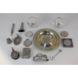 A pair of silver plate mounted cut glass pots, a Cunard medal inset dish 'Queen Elizabeth II the