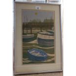 John Liddell (1924-2005), sailing boats before a bridge, Lymington, lino cut, numbered 3/8,