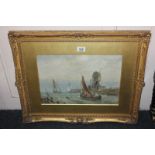 After Clarkson Stanfield, boats before a coastline, watercolour, bearing signature and dated 1853,