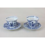 A pair of Chinese blue and white porcelain tea bowls and saucers, octagonal form decorated with
