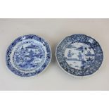 Two Chinese export blue and white porcelain plates, one depicting figures with flower mark to