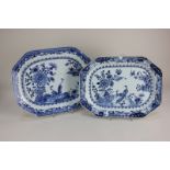 Two similar Chinese blue and white hexagonal porcelain serving platters, each decorated with two