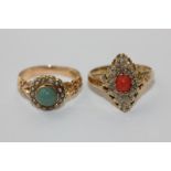 A coral and rose cut diamond ring, and a turquoise and split pearl cluster ring