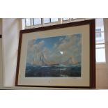 J Steven Dews, racing yachts off a coastline, limited edition colour print, blind stamped,