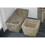 A set of three stone composition garden pots, square shape with brick pattern, 26cm, another
