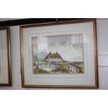 David Price, thatched cottage before a pond, 'A Sussex Farmhouse', watercolour, signed, paper