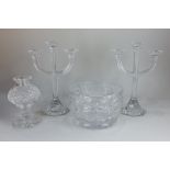 A Waterford crystal tea light holder, 19cm, together with a cut glass trifle bowl decorated with
