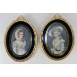 A pair of painted silk and needlework oval panels of ladies in 18th century dress, 15cm by 10cm