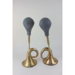 Two brass car horns, 40cm