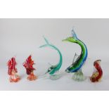 Five various coloured glass ornaments of fish, tallest 31.5cm high