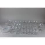 A set of six cut glass champagne saucers, six star etched tumblers, five various champagne
