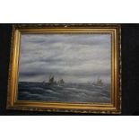 Robert Rampton, boats sailing off cliffs, oil on board, signed, 44cm by 59cm