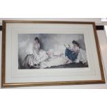 After William Russell Flint, two women, one reading, 'Interlude', colour print, blind stamped and