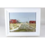 Robert Rampton, derelict street, 'Detroit in decay', oil on board, inscribed and signed, 29cm by