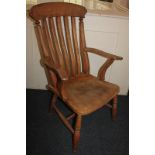 A slatted back farmhouse style kitchen chair with solid seat, on turned legs (reduced)