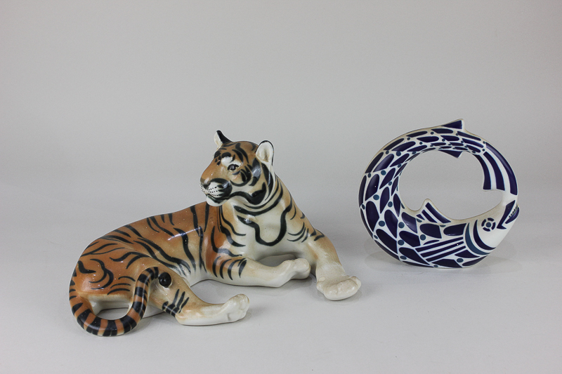 A Russian USSR Lomonosov porcelain model of a tiger, together with a Sargadelos modern sculpture