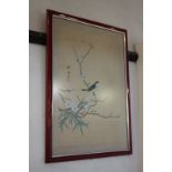 Two Japanese paintings on silk depicting a butterfly and a rose, 38cm by 31cm, and a bird on a