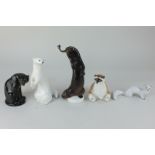 Five Russian USSR porcelain models of animals, Lomonosov and similar, including an otter with