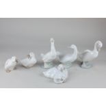 A collection of six Nao models of white ducks in various poses, largest 15cm