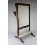 A George III mahogany fire screen with sliding fabric panel, upholstered footstool and folding