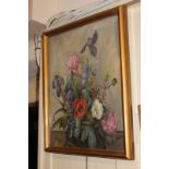 B Bourne, floral still life, including iris, peonies and anemone, oil on canvas, signed, paper label