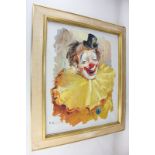 M Werter, smiling clown wearing a miniature top hat and yellow ruff, oil on canvas, signed, 59cm