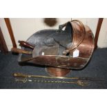 A copper coal scuttle, shovel and teapot, together with a brass shovel, poker and toasting fork (a/