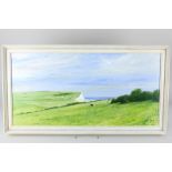 Robert Rampton, cliff top view of couple walking a dog, Cuckmere Haven, oil on board, signed, 29.5cm