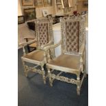A pair of carved limed oak carver dining chairs with button upholstered panel back, with pierced