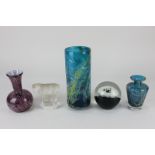 A Mdina blue glass vase, a Mtarfa purple glass vase, a Nachtmann glass bull paperweight, a blue