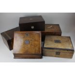 A Victorian walnut letter writing box together with two writing slopes and two boxes (all a/f)