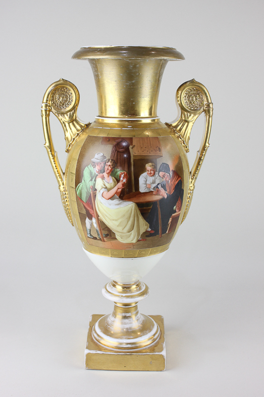 A large late 19th century Parisian porcelain twin-handled baluster urn depicting figures in an