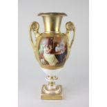 A large late 19th century Parisian porcelain twin-handled baluster urn depicting figures in an