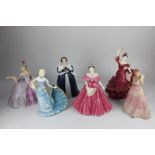 Six porcelain figures of ladies, Royal Worcester The Queen Mother, Wedgwood Enchanted Evening,