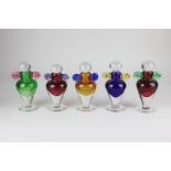 A Harlequin set of five Belle Walker studio glass scent bottles, each of baluster form with twin