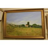 Robert Rampton, village church before fields with grazing cattle, oil on canvas, signed, 60cm by