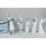 Four Lladro porcelain figures to include two ladies with baskets, one with puppy, 28cm, boxed, and