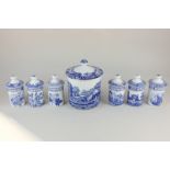 A Spode porcelain Italian pattern jar and cover, together with six Spode Blue Room spice jars and