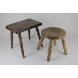 A 19th century cottage circular stool on turned legs, together with a rectangular elm stool on