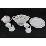 Three pieces of Leeds Creamware pottery including a lidded sugar bowl with flower finial, a